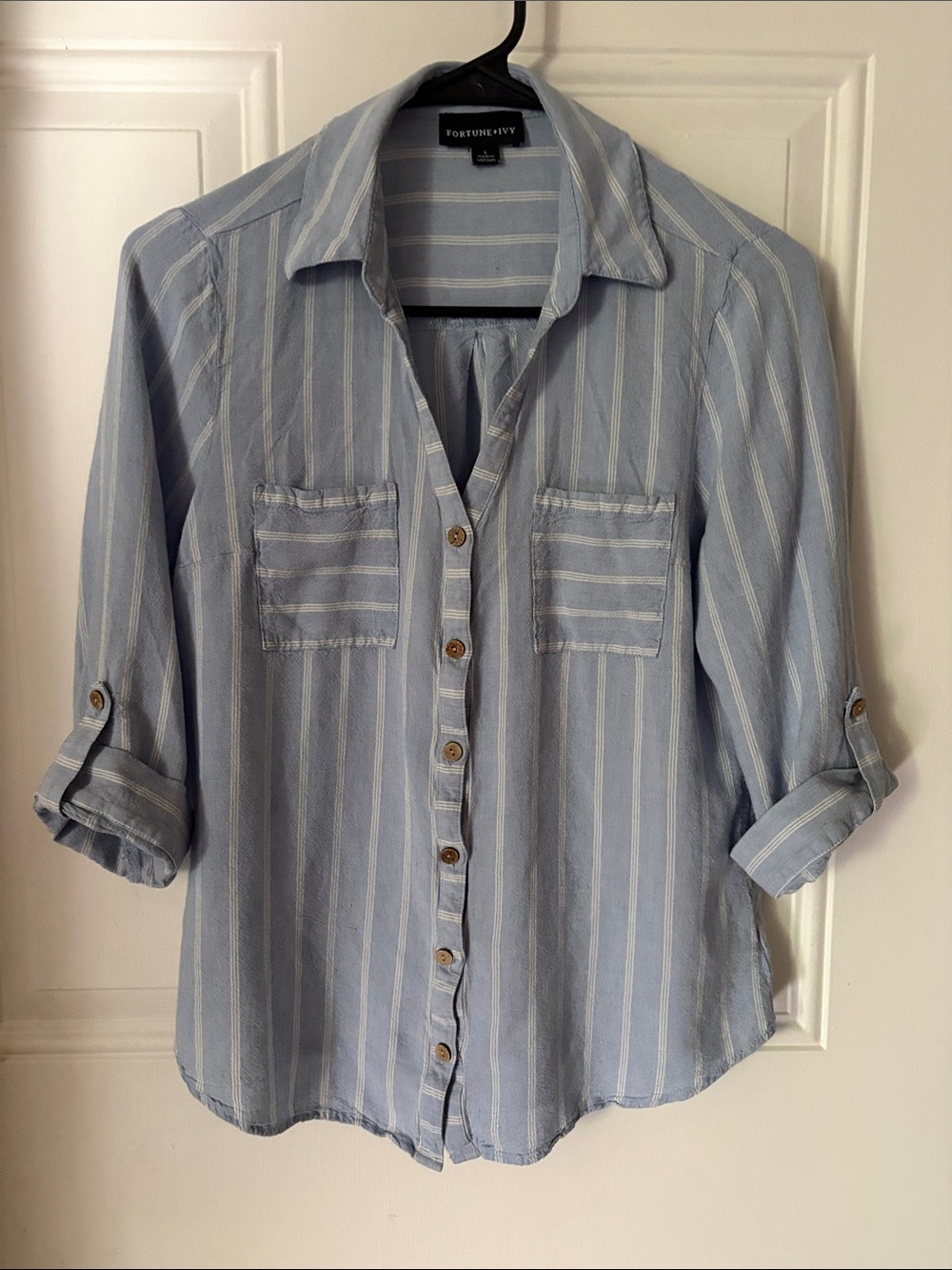 Fortune + Ivy Light Blue Striped Button-Front Blouse